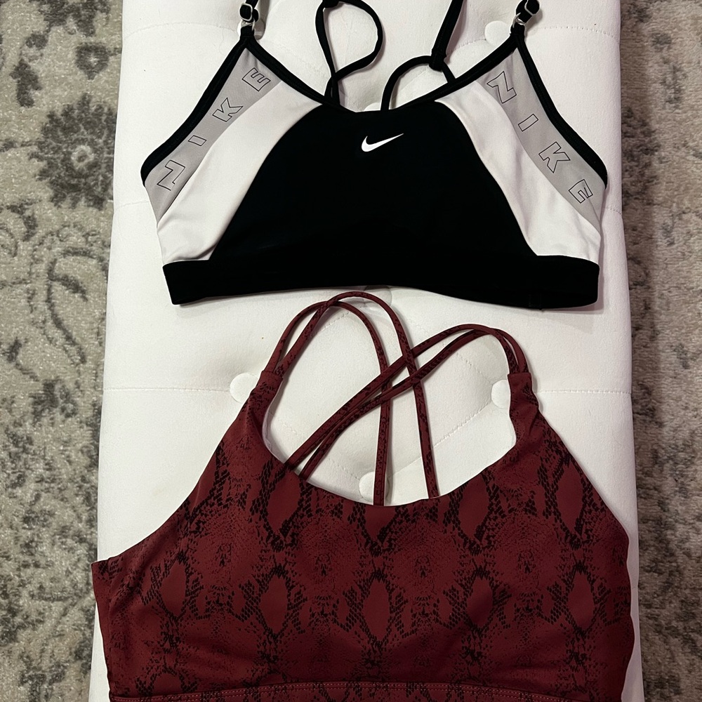 Nike Black Sports Bra. Maroon Snakeskin Print Sports Bra.